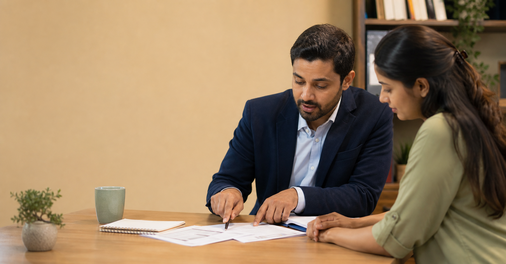 Insurance advisor discussing general coverage notes with a customer at a desk
